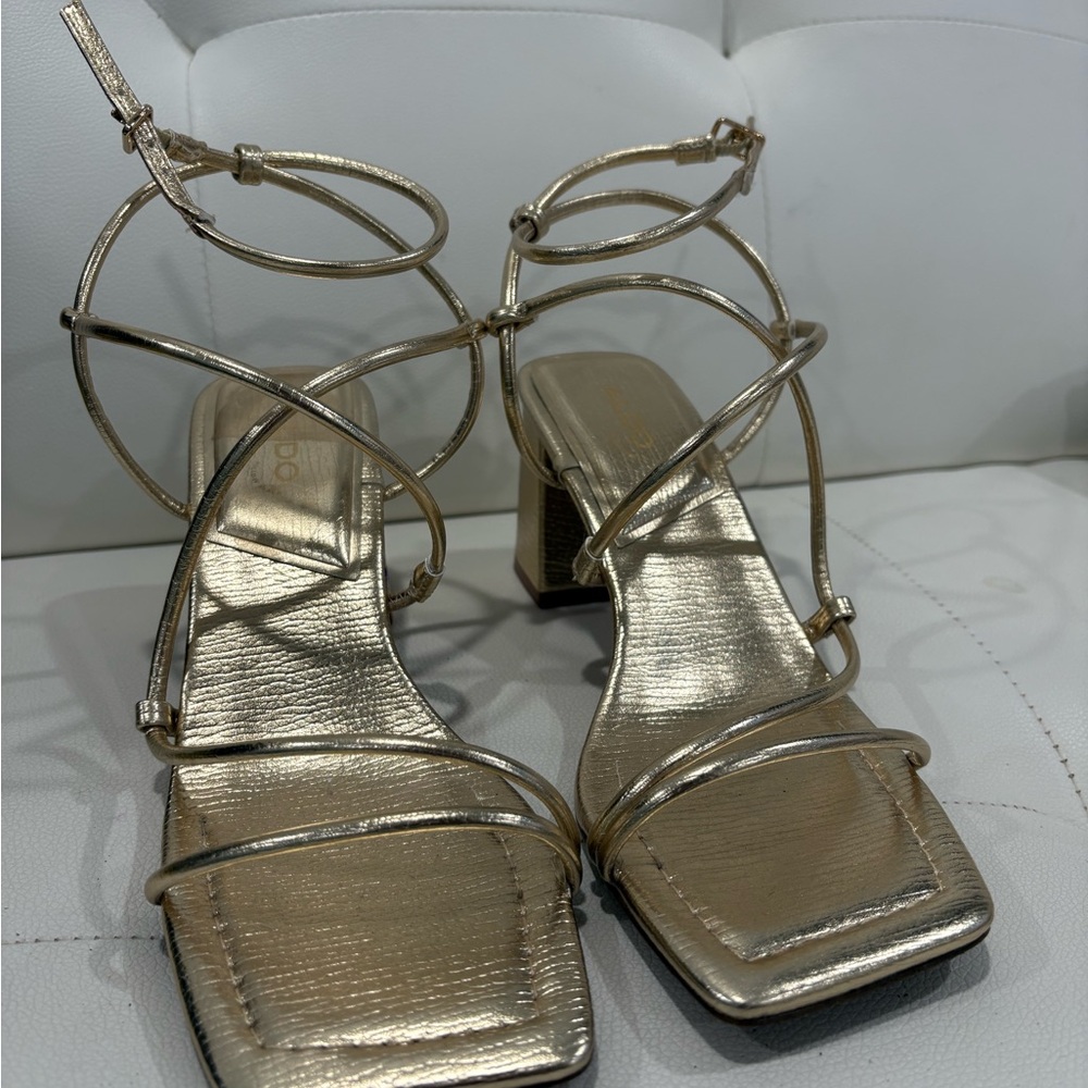 Aldo Metallic Gold Strappy Block Heel Sandals